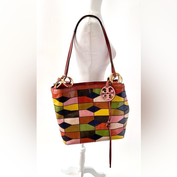 TORY BURCH || Farrah Leather Snakeskin Patchwork Multicolored Shoulder Bag - Picture 1 of 12